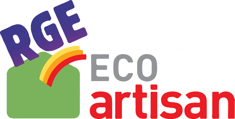 Logo pour RGE Eco Artisan, représentant une serre stylisée, un arc-en-ciel et un texte en violet, gris et rouge.