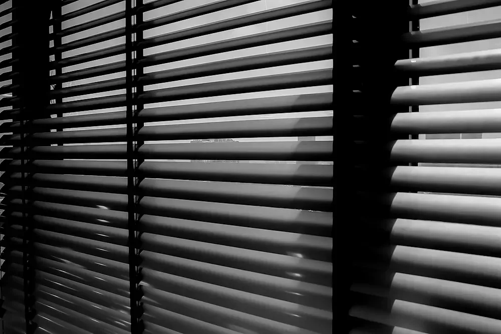 Una fotografía en blanco y negro de una ventana con persianas.