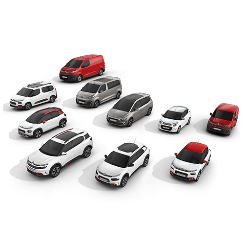 Collection de neuf SUV miniatures blancs, gris et rouges sur fond blanc