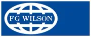 Un logotipo azul y blanco de FG Wilson con un globo terráqueo en el medio.