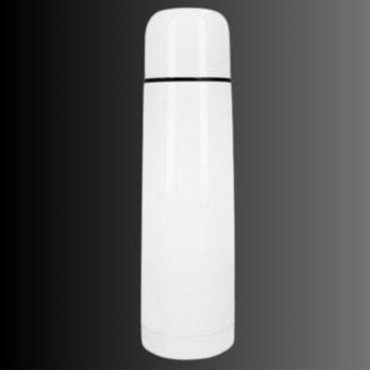 Un termo blanco con tapa negra sobre fondo negro.