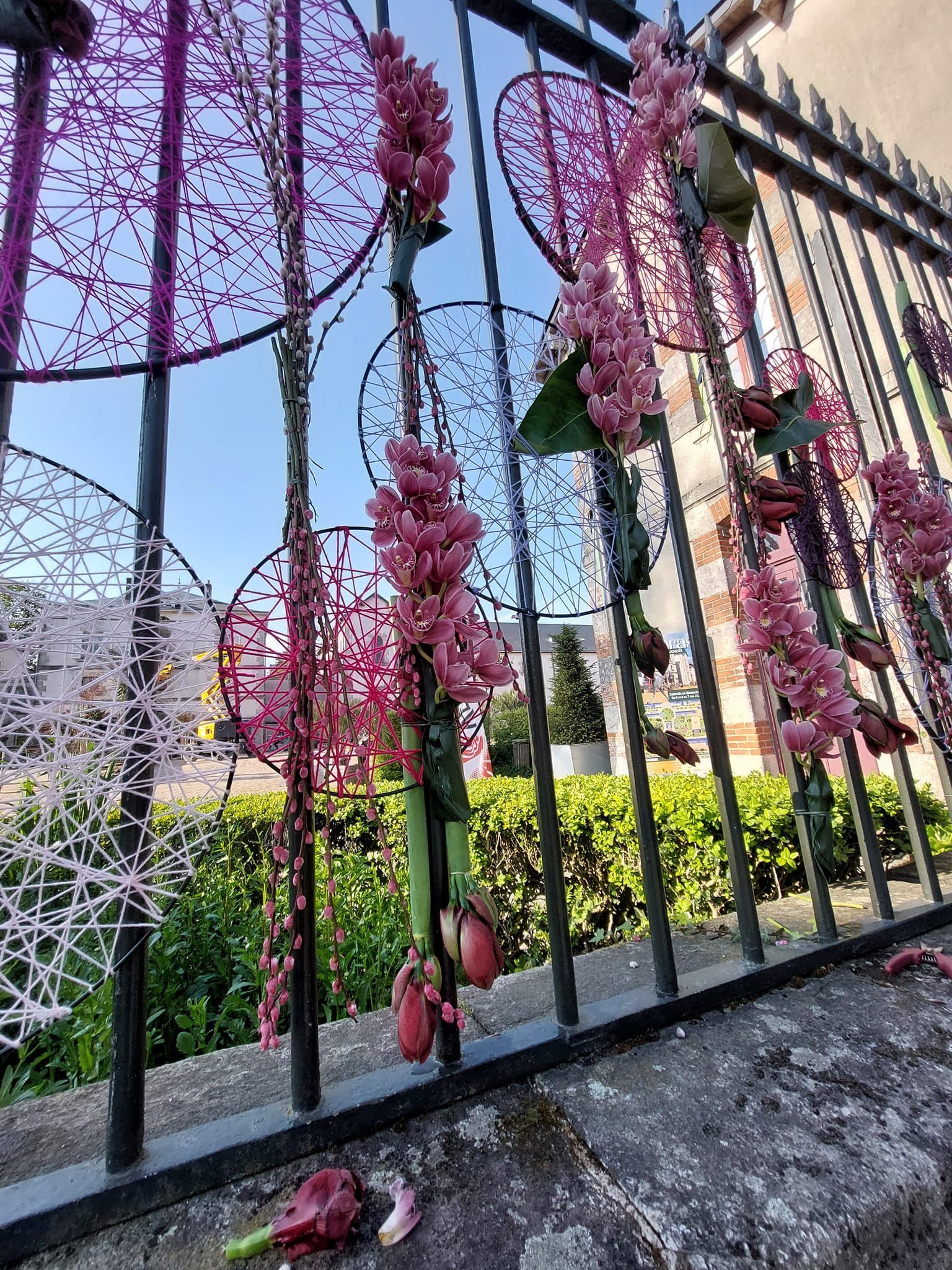 Composition fleurs roses sur cloture