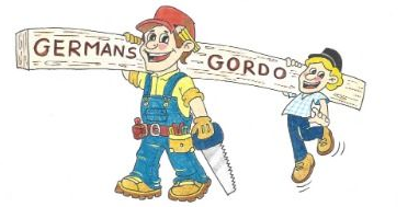 Caricatura de un trabajador sonriente que lleva un cartel que dice "GERMANS" (alemanes)