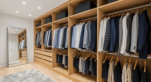 Amplio vestidor con estantes de madera, perchero, cajones y espejo de cuerpo entero.