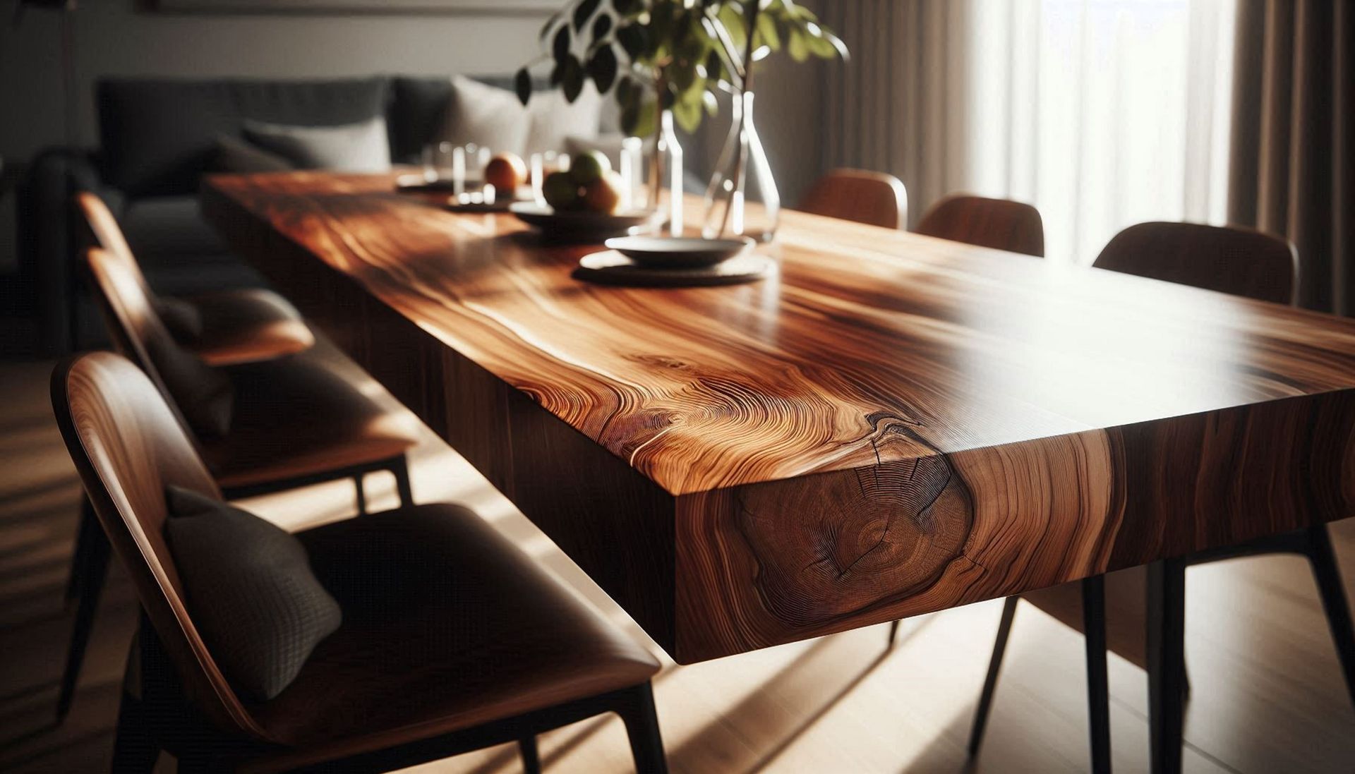 Mesa de comedor de madera con sillas en una habitación luminosa y soleada.
