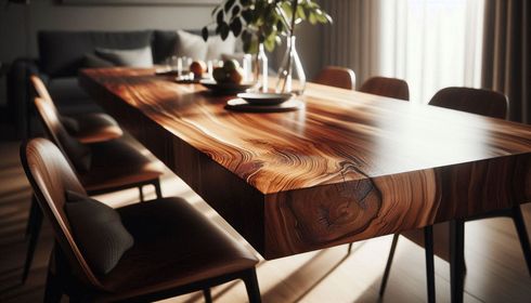 Mesa de comedor de madera con sillas en una habitación luminosa y soleada.