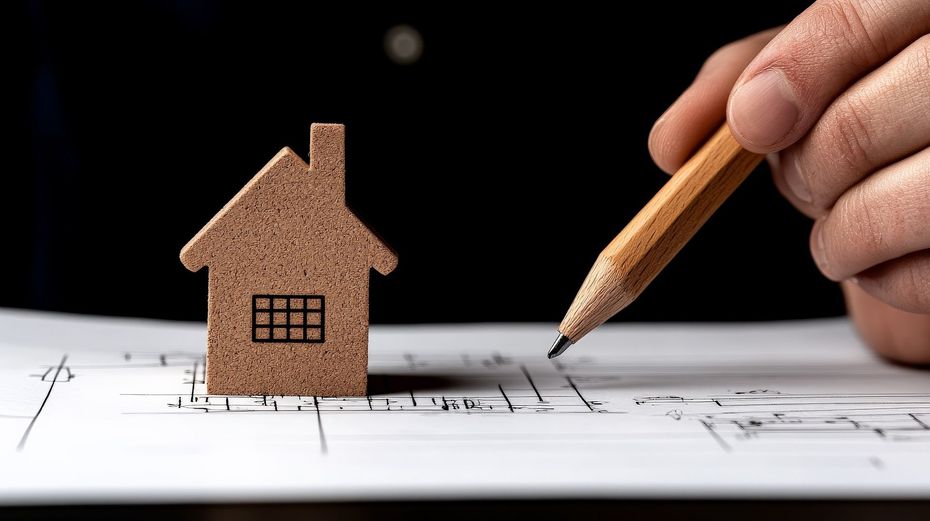 Maquette de maison avec plan et crayon