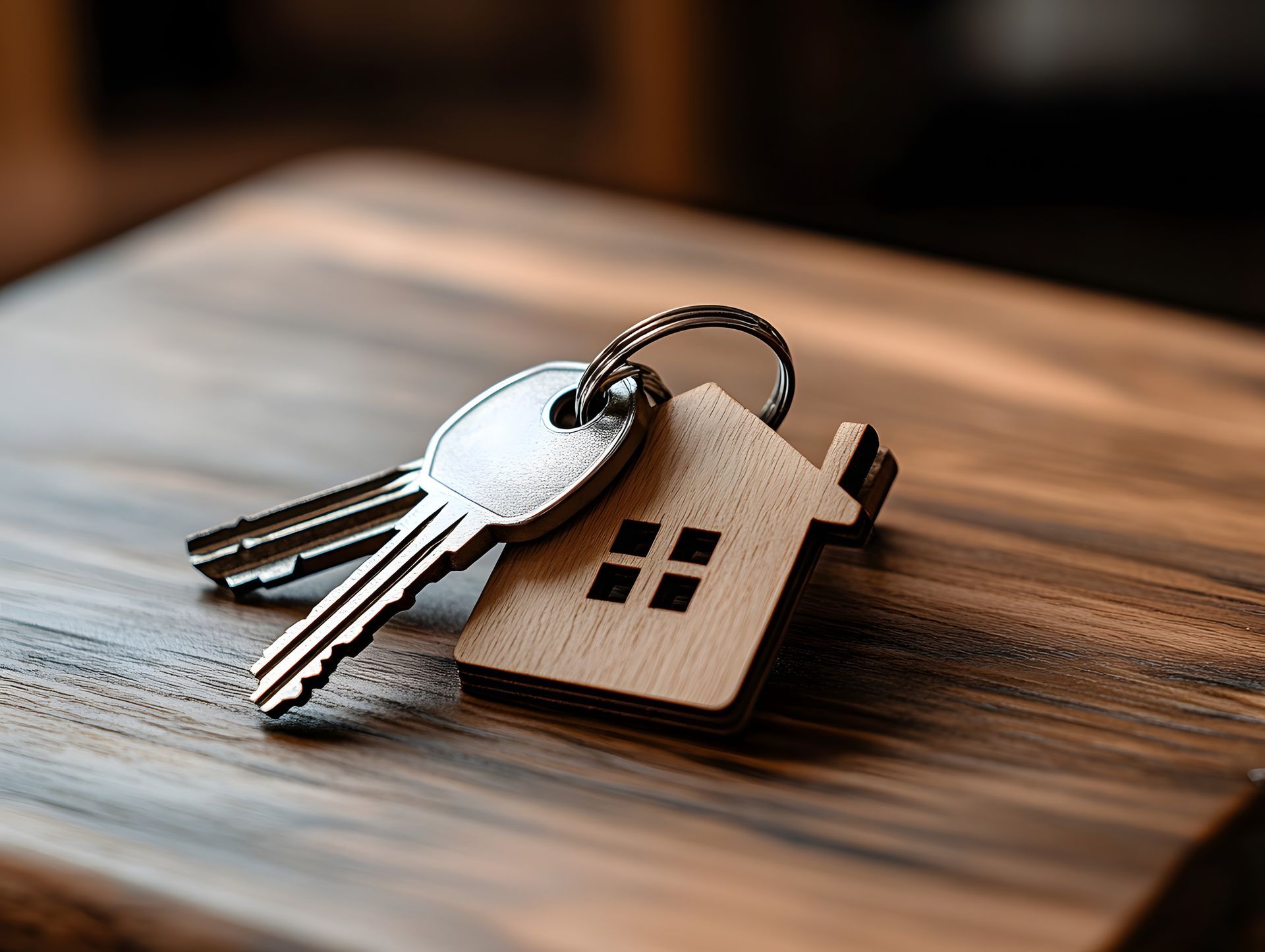 Clé avec une porte-clé représentant une maison en bois