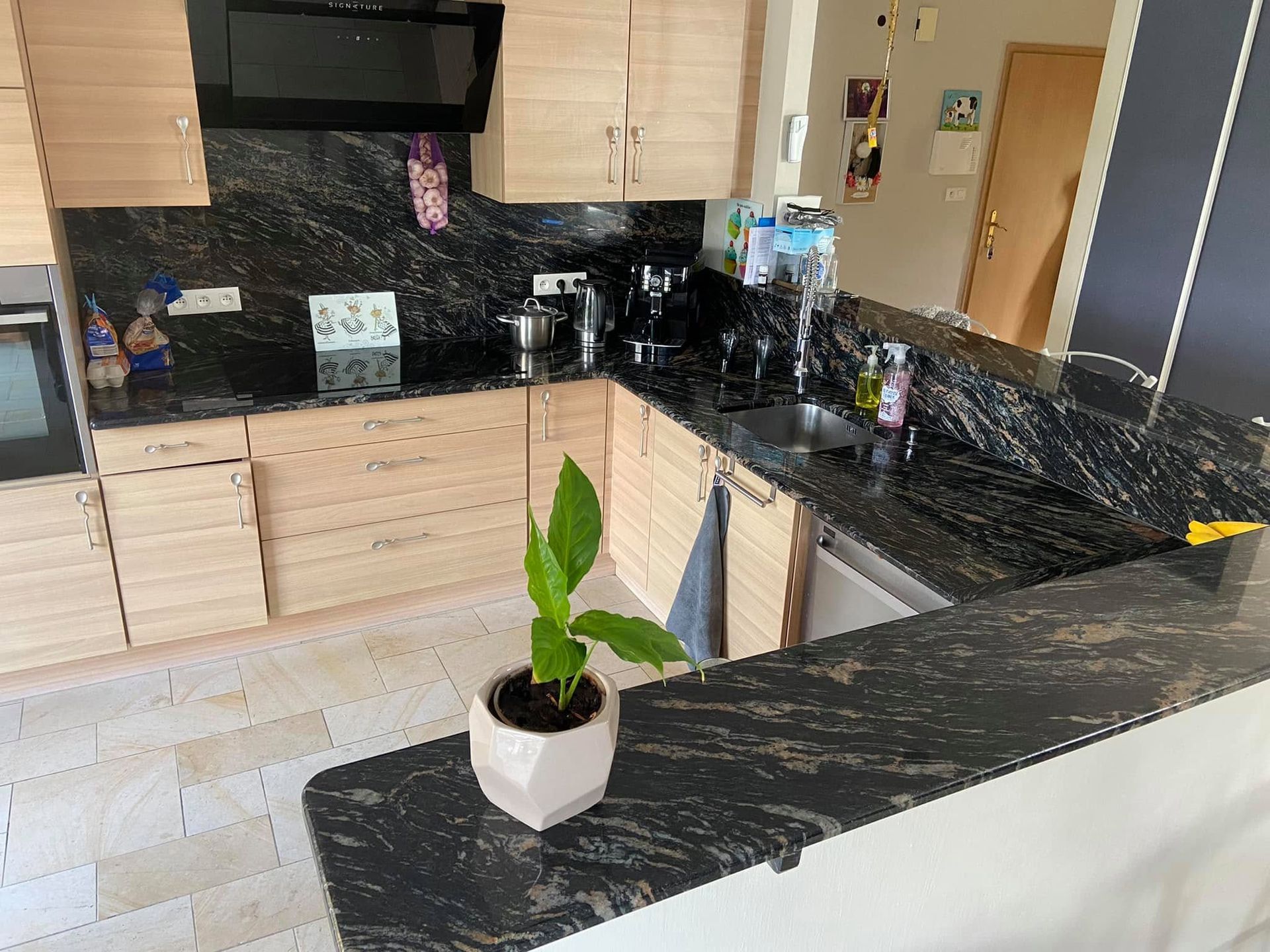 Cuisine moderne avec placards en bois clair, plans de travail en marbre et une plante en pot sur l'îlot central.
