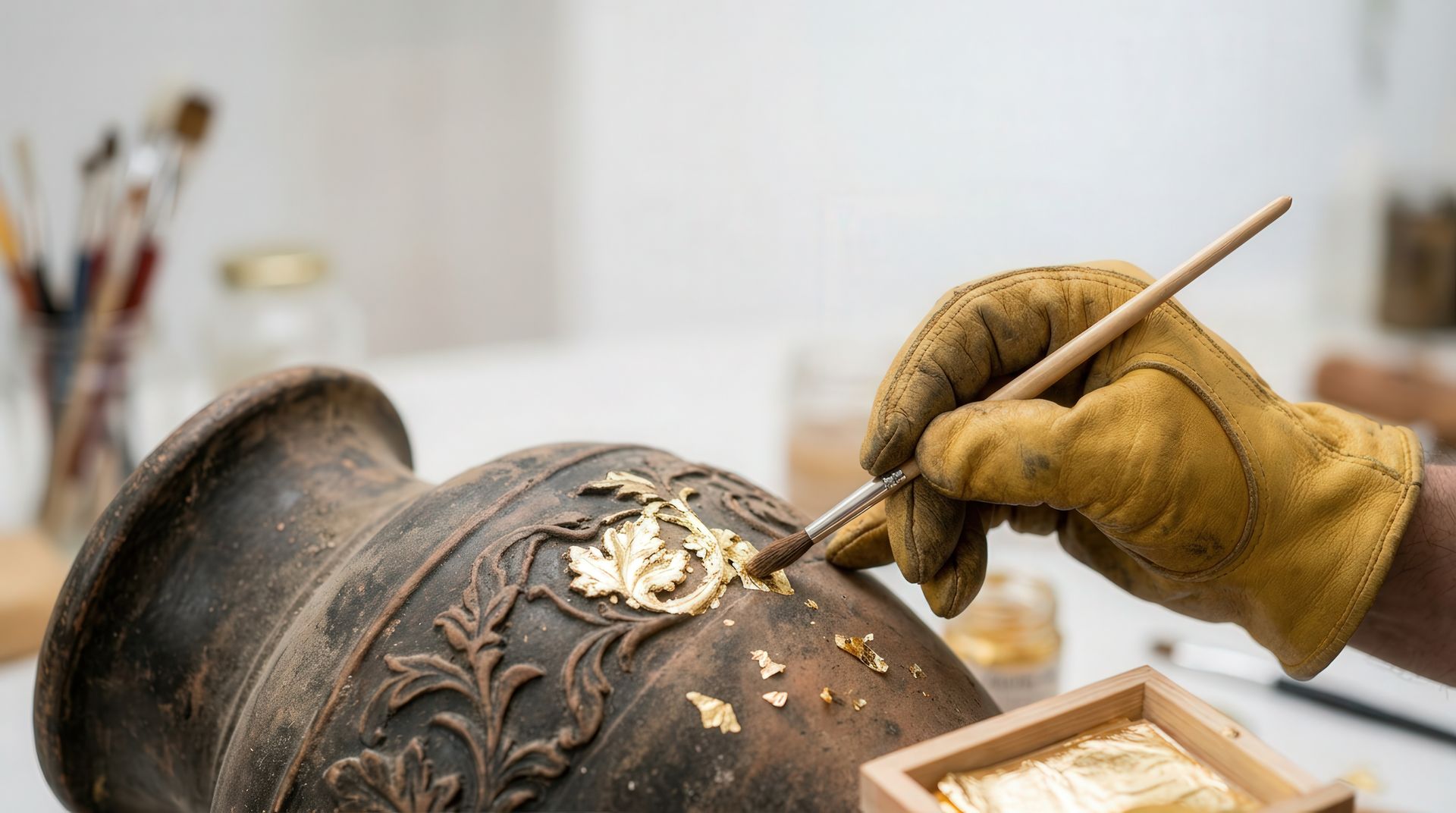 Des mains gantées restaurent un vase en céramique décoré de détails dorés.