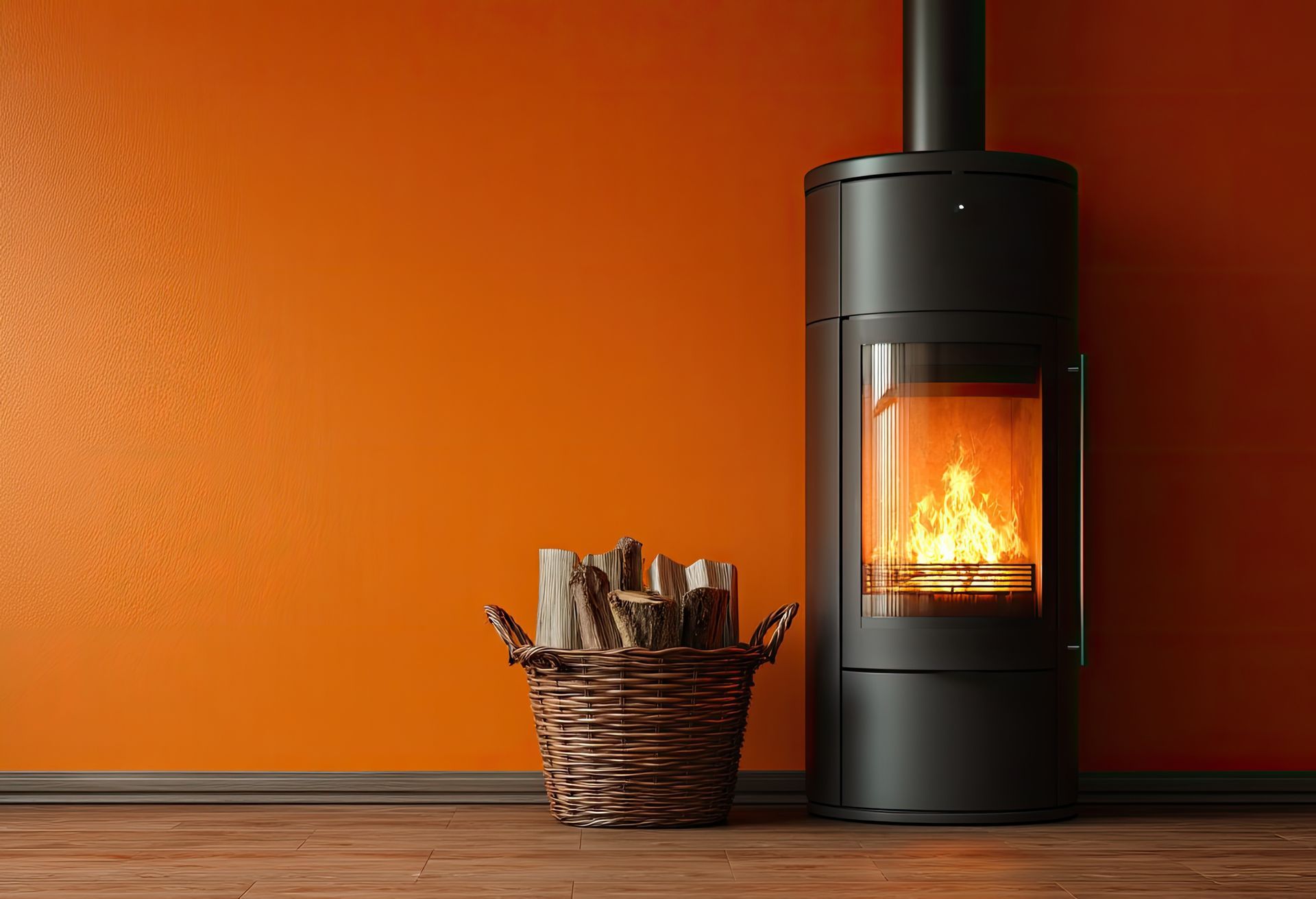 Poêle à bois moderne avec des bûches de bois et un panier