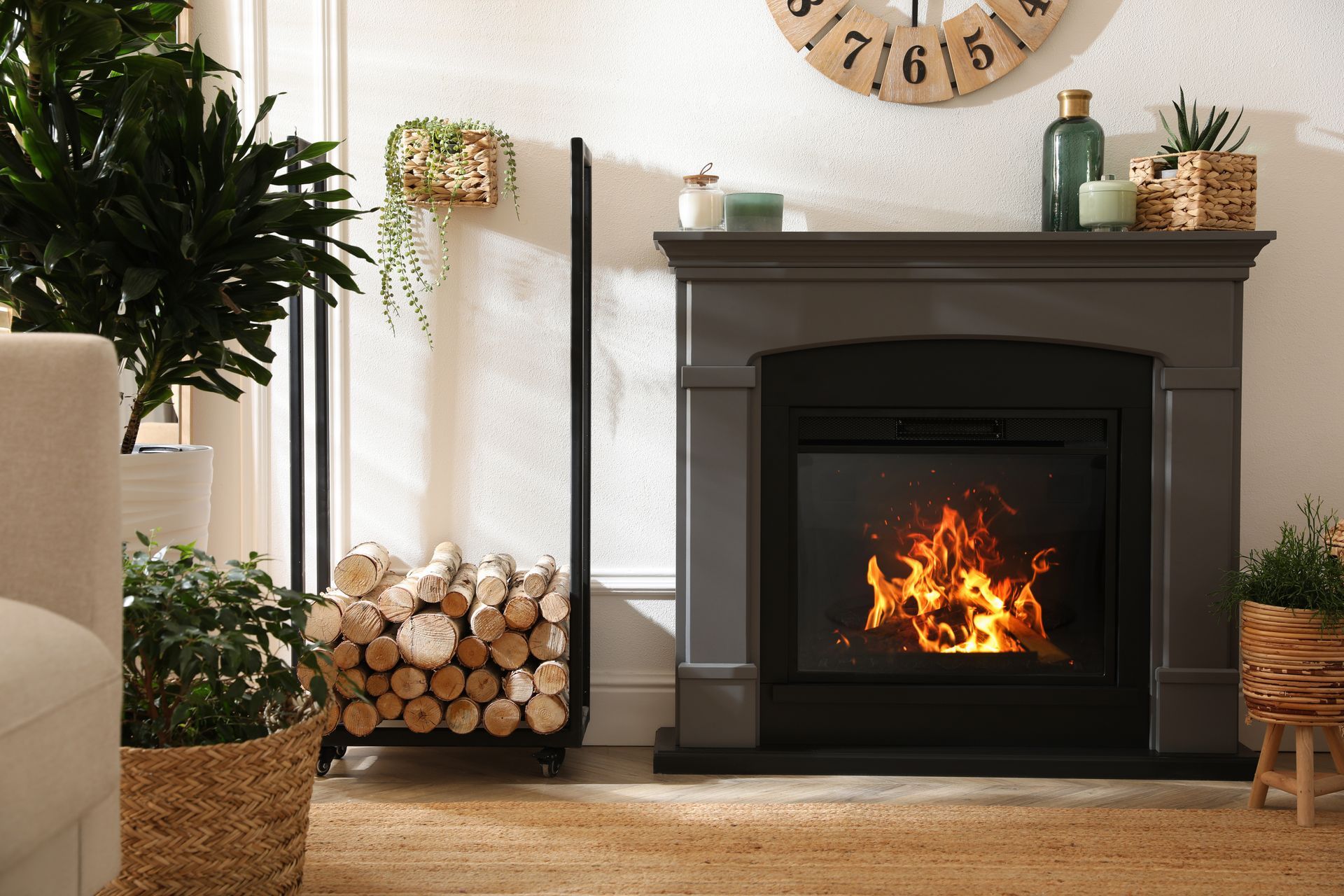 Feu de cheminée, décoration et stock de bois