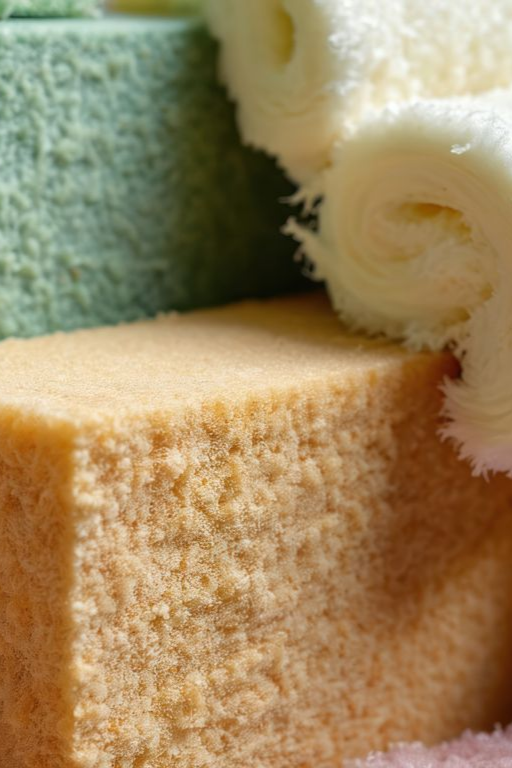 Gros plan sur trois formes ressemblant à des éponges : un cube beige, une forme roulée couleur crème et un bloc vert.