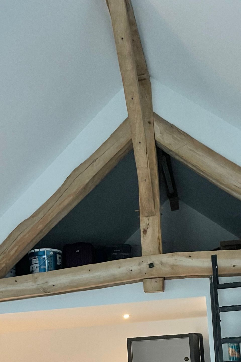 Des poutres en bois soutiennent un plafond blanc, créant un espace triangulaire au-dessus d'un niveau inférieur accessible par une échelle.