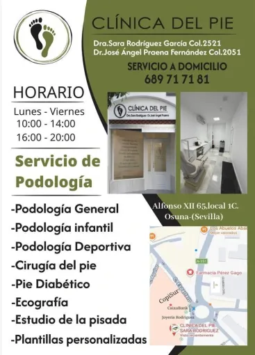 Folleto de clínica podológica con horario, servicios, foto de consulta y mapa de ubicación.