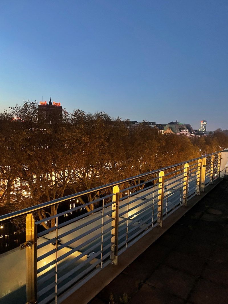 Ein Weg mit Metallgeländern neben Bäumen in der Abenddämmerung, in der Ferne leuchten die Lichter der Stadt.