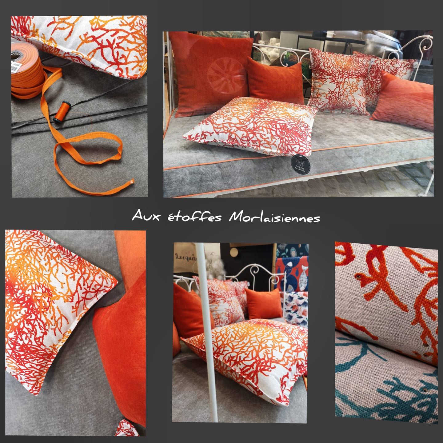 Coussins blancs décorés de racines orange et bleues, réalisés sur mesure