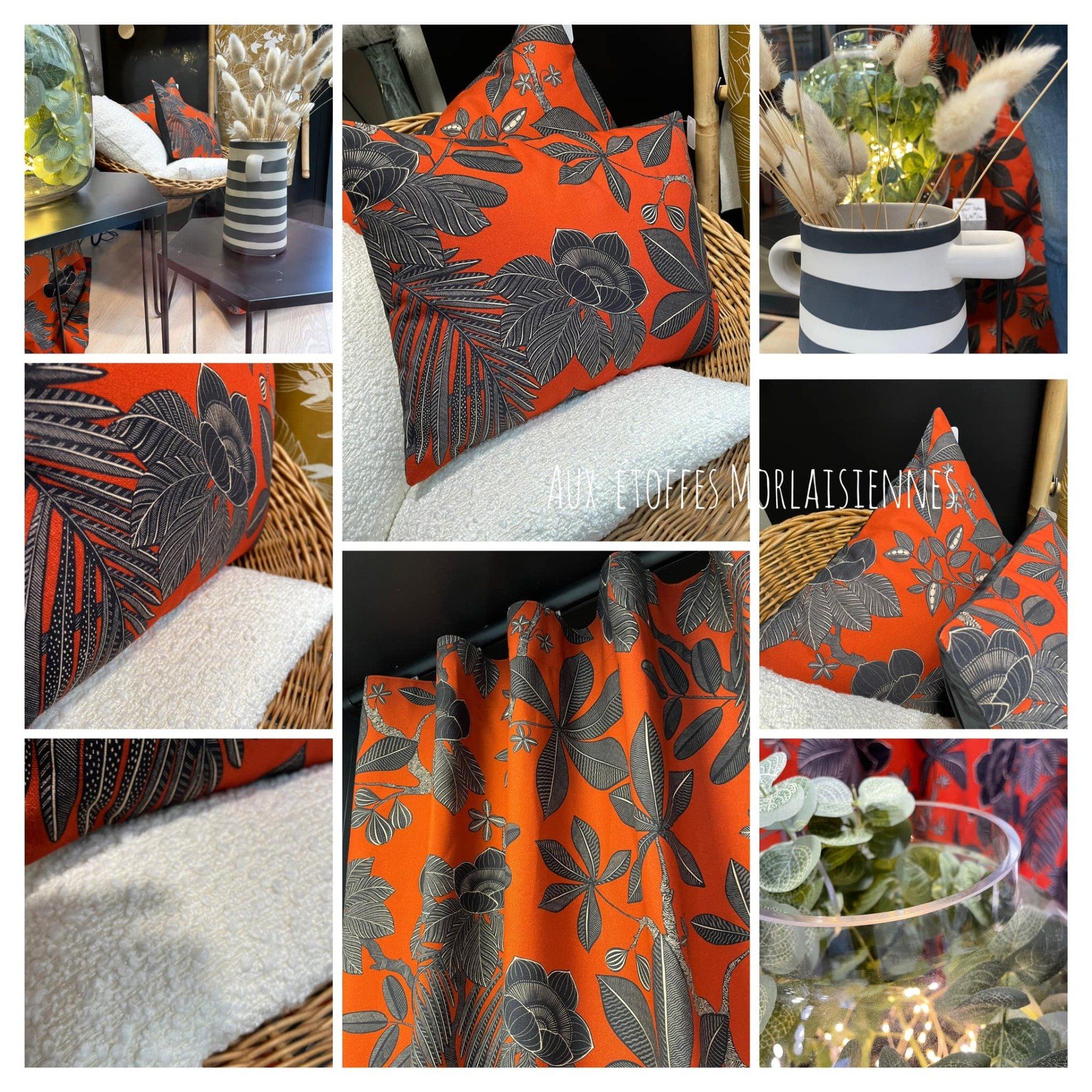 Des tissus orange décorés de feuilles grises