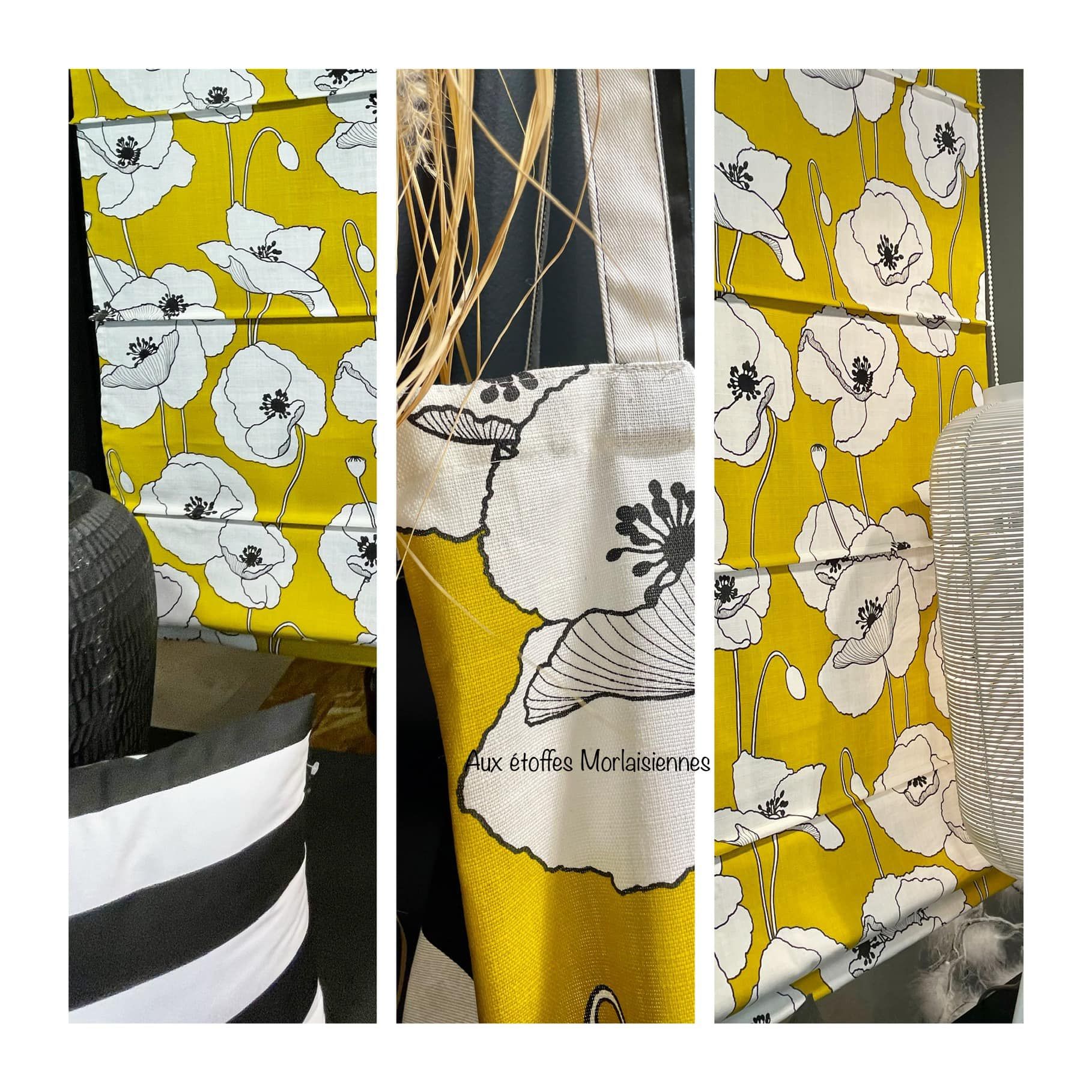 Sélection de tissus jaunes aux décorations fleuries blanches
