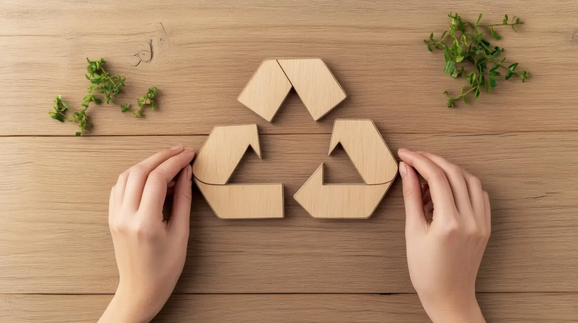 Manos organizando piezas de madera para formar un símbolo de reciclaje