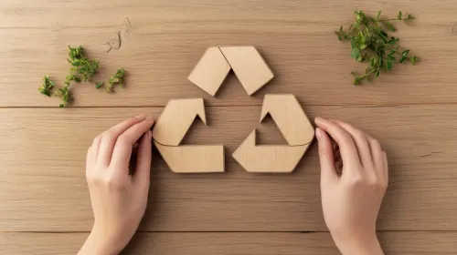 Manos organizando piezas de madera para formar un símbolo de reciclaje 