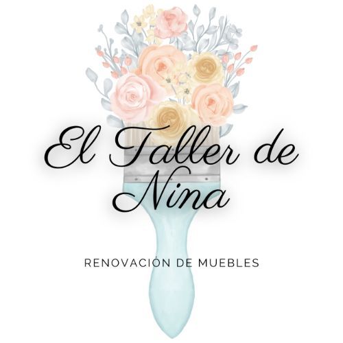 Logotipo para "El Taller de Nina", empresa de renovación de muebles. Pincelada con arreglos florales, colores claros y texto.