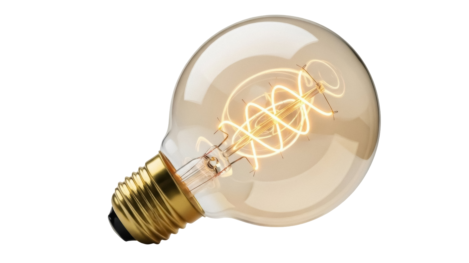 Ampoule globe allumée avec culot doré et filament à lumière chaude.