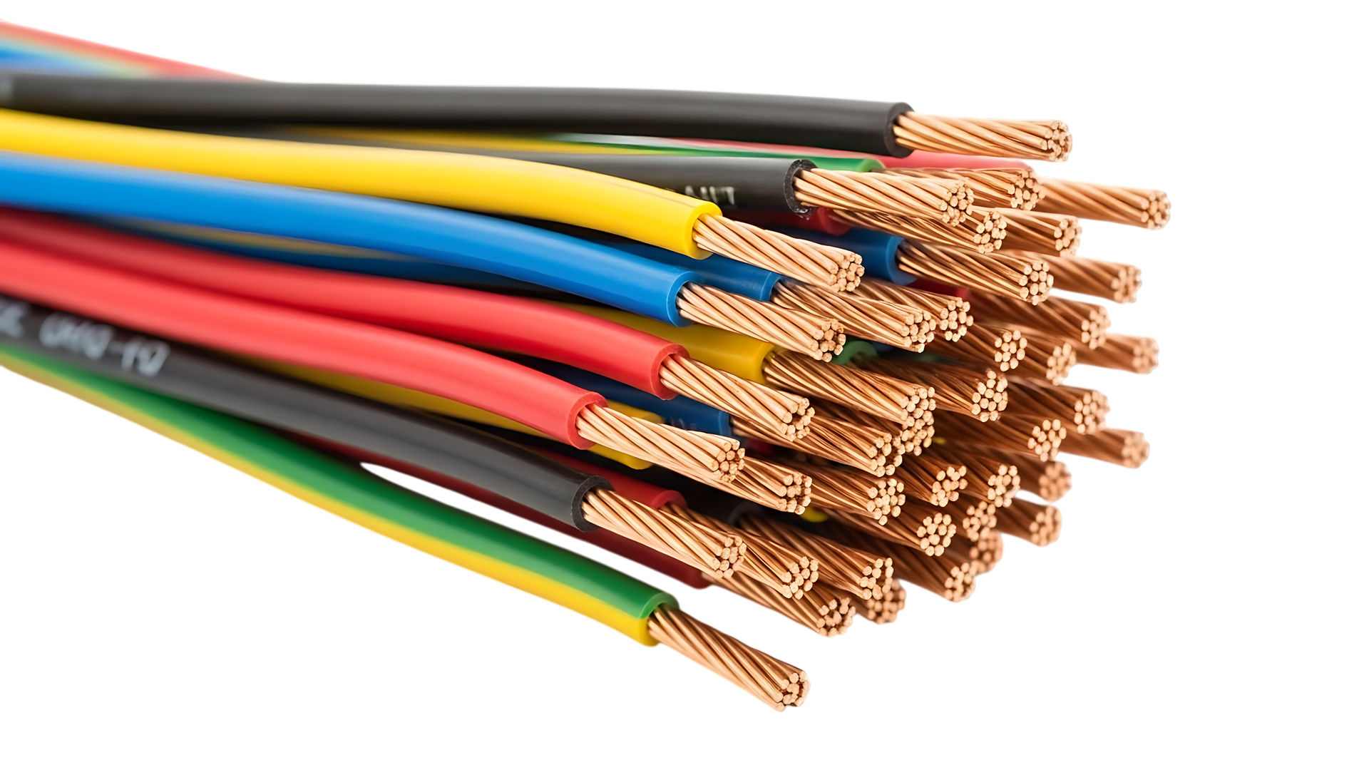 Faisceau de fils électriques multicolores avec extrémités en cuivre apparentes.