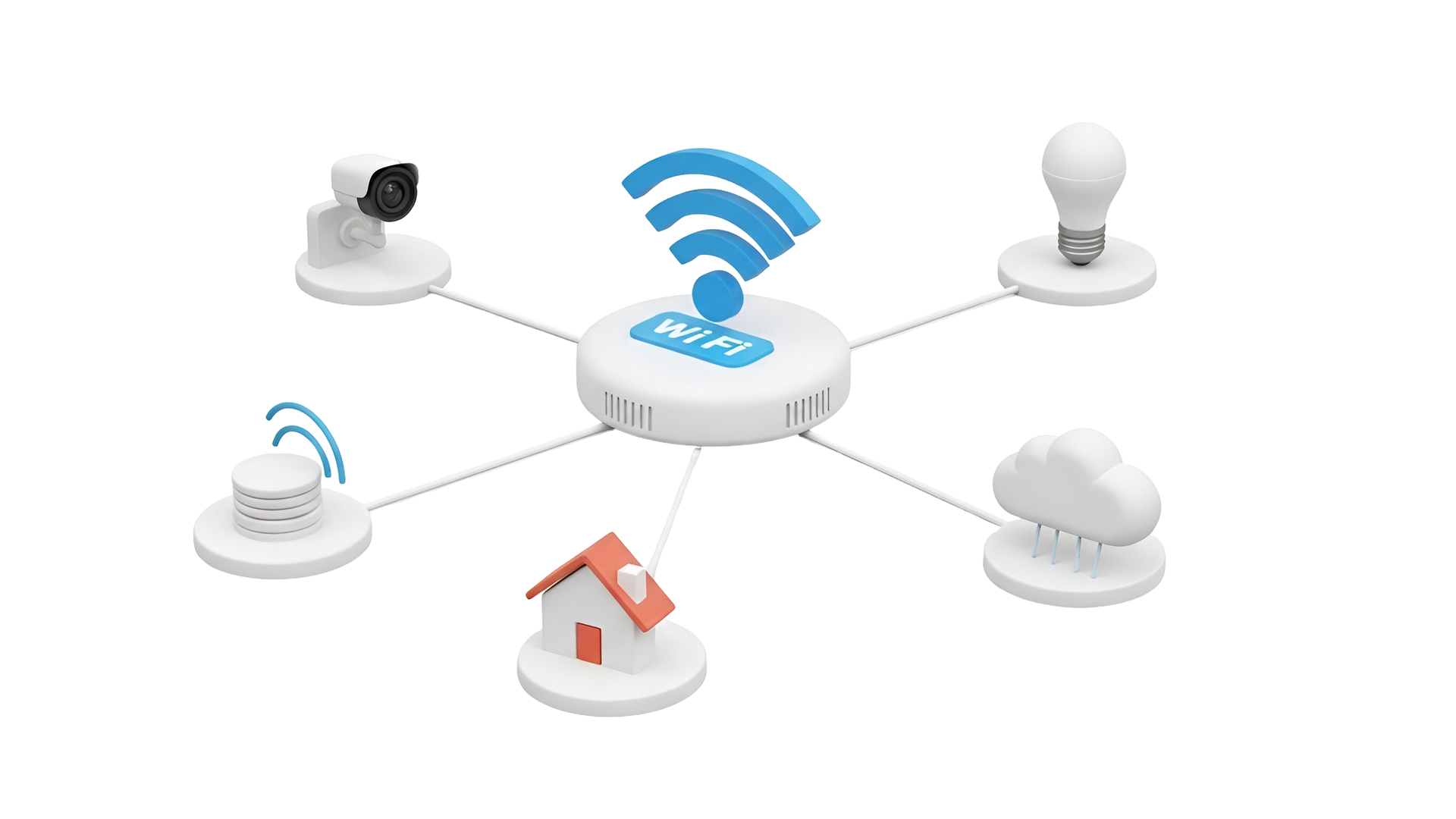 Hub domotique connectant divers appareils : caméra, ampoule, cloud, maison et capteur.