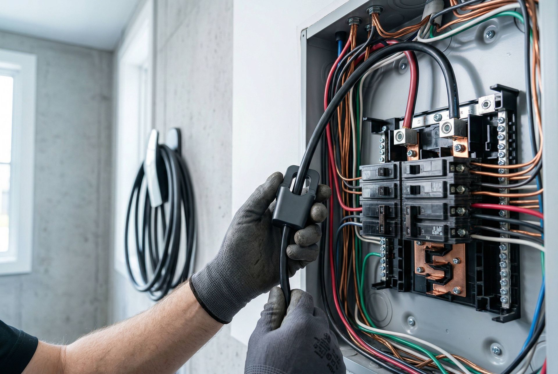 Une personne portant des gants travaille sur un tableau électrique, en connectant des fils.