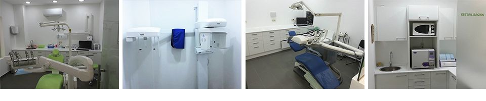Un collage de cuatro fotografías de un consultorio dental.