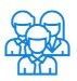 Un icono lineal azul que representa a tres personas superpuestas en un grupo, simbolizando un equipo o una organización.