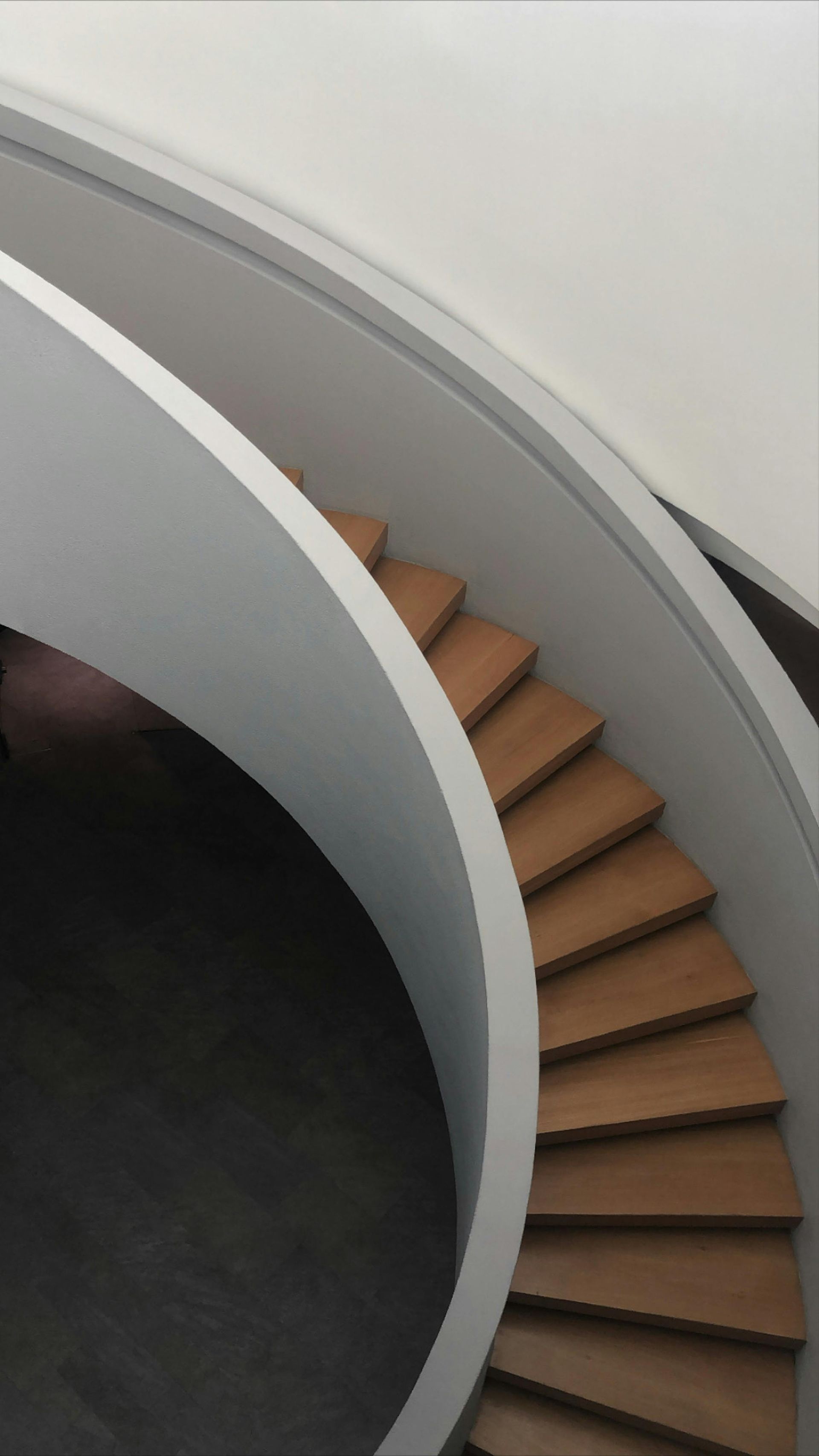 Escalera interior curva con escalones de madera y barandillas grises, vista desde arriba.