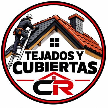 Logo de tejados y cubiertas con trabajador en escalera, casa y letras &ldquo;TEJADOS Y CUBIERTAS CR&rdquo;