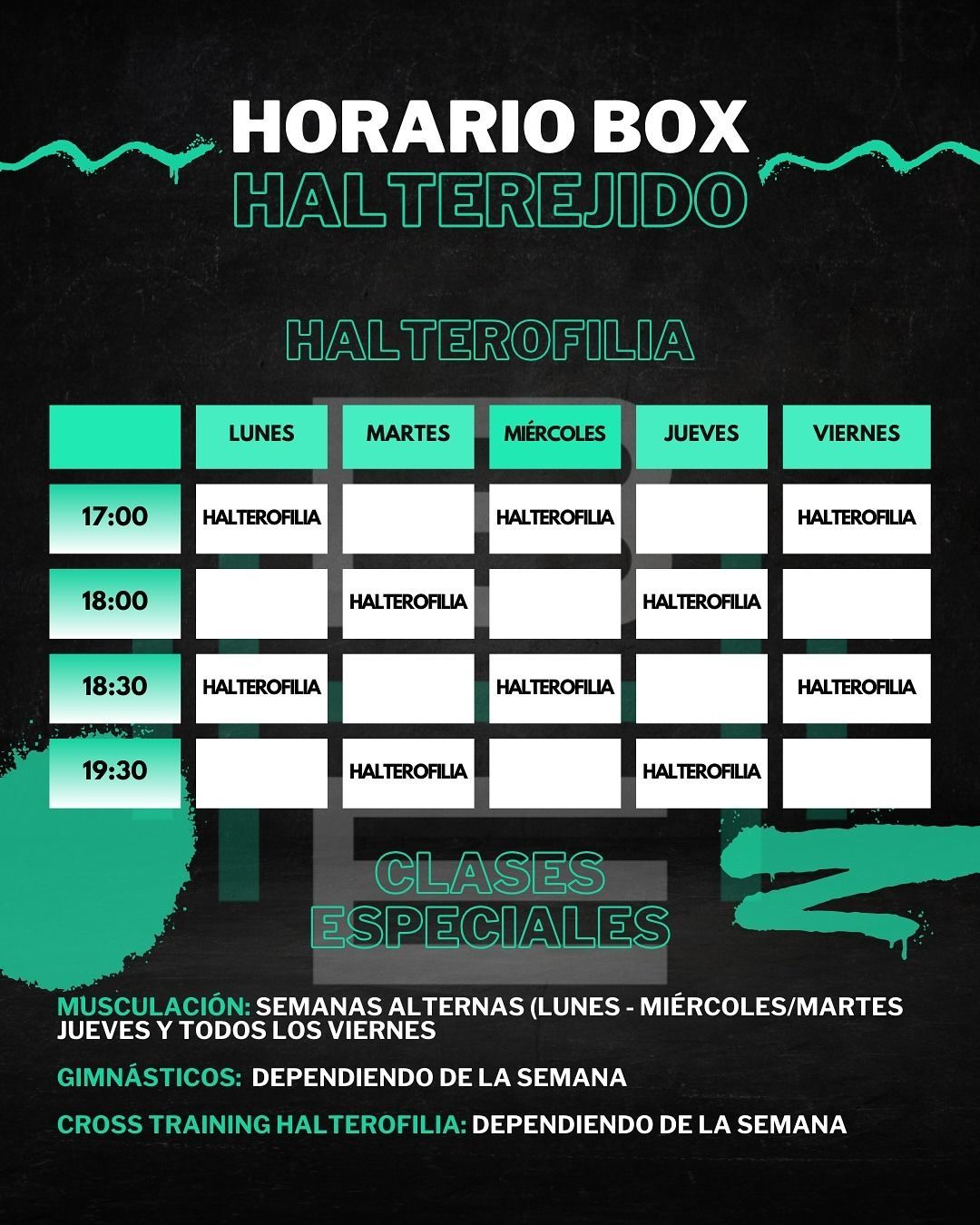 Horario del gimnasio: Halterejido box, incluye clases de levantamiento de pesas de lunes a viernes y clases especiales.