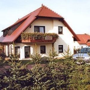 Frontalansicht eines Einfamilienhauses mit einem großen, weit herunterreichenden Satteldach und einem bepflanzten Holzbalkon.