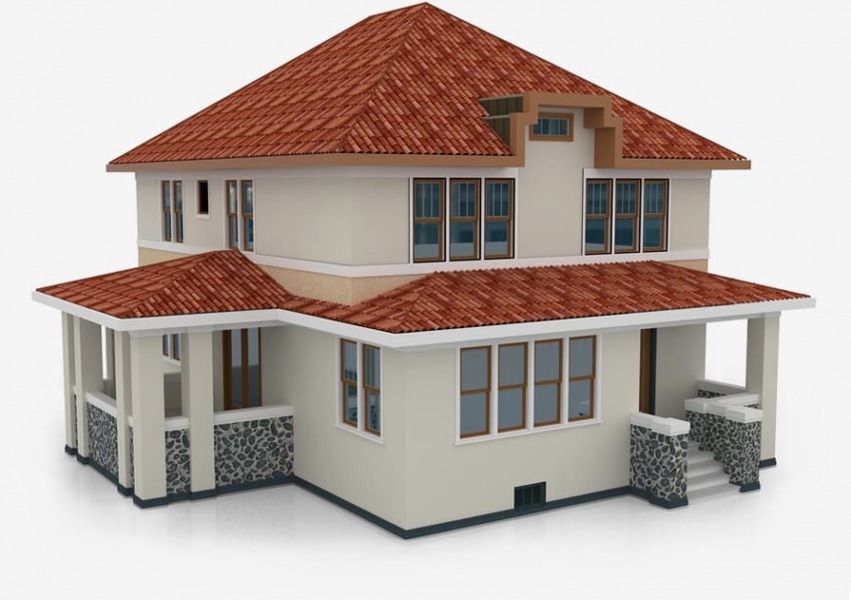 3D-Modell eines Einfamilienhauses mit rotem Ziegeldach