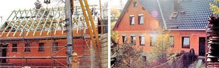Zweiteilige Ansicht: Links Rohbau mit Dachstuhl-Montage, rechts das fertiggestellte Einfamilienhaus in Rotbraun.
Logo