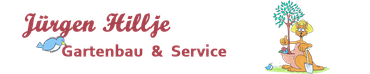 Logo für Jürgen Hillje, ein Gartenbau- und Dienstleistungsunternehmen, mit einer Cartoon-Zeichnung eines Tieres, das einen Baum hält.