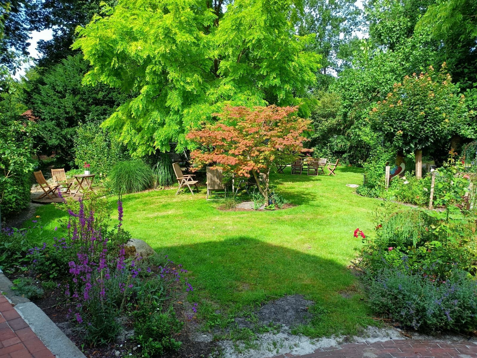 Ein üppig grüner Garten mit einem kleinen rotblättrigen Baum in der Mitte, umgeben von Bäumen, Sträuchern und Blumen.