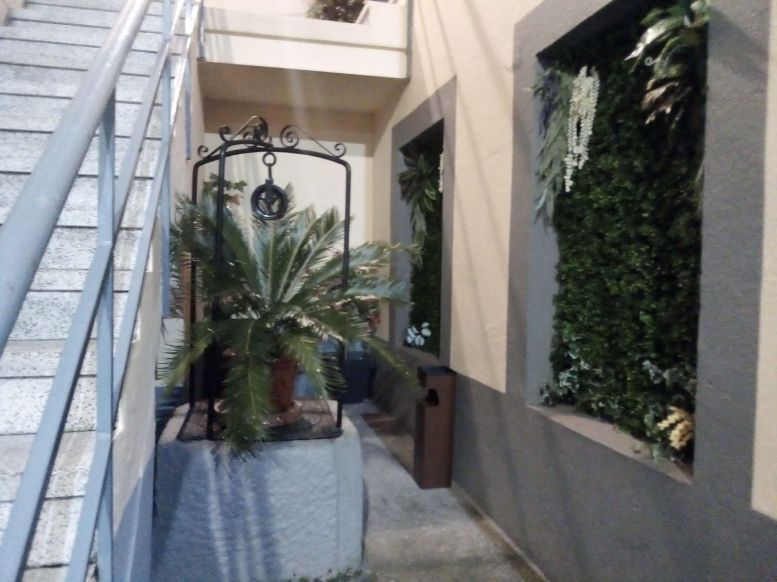 Una escalera que conduce a un edificio con una planta en maceta al costado.