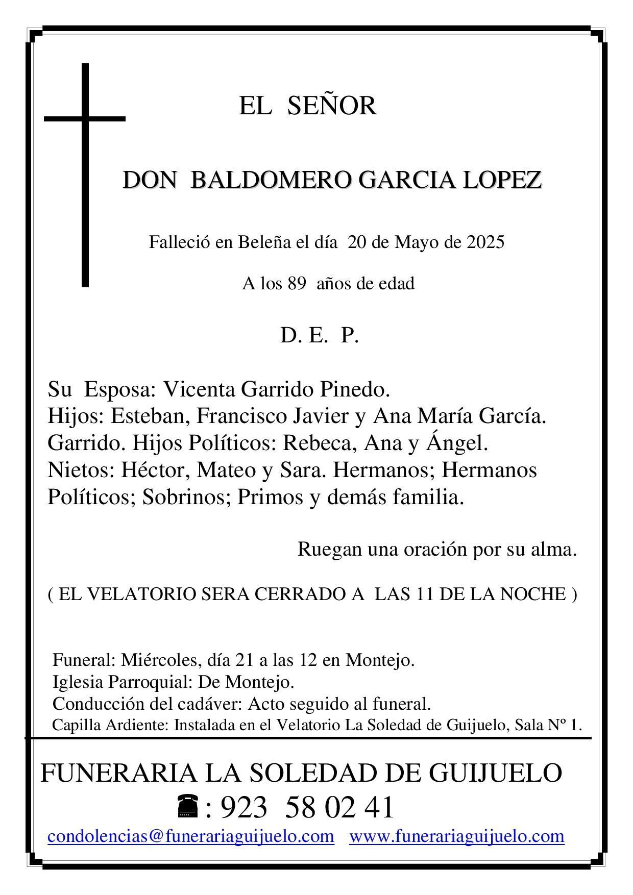 Una tarjeta funeraria para don baldomiro garcia lopez