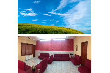 Hay una imagen de un campo y una imagen de una habitación con sofás rojos.