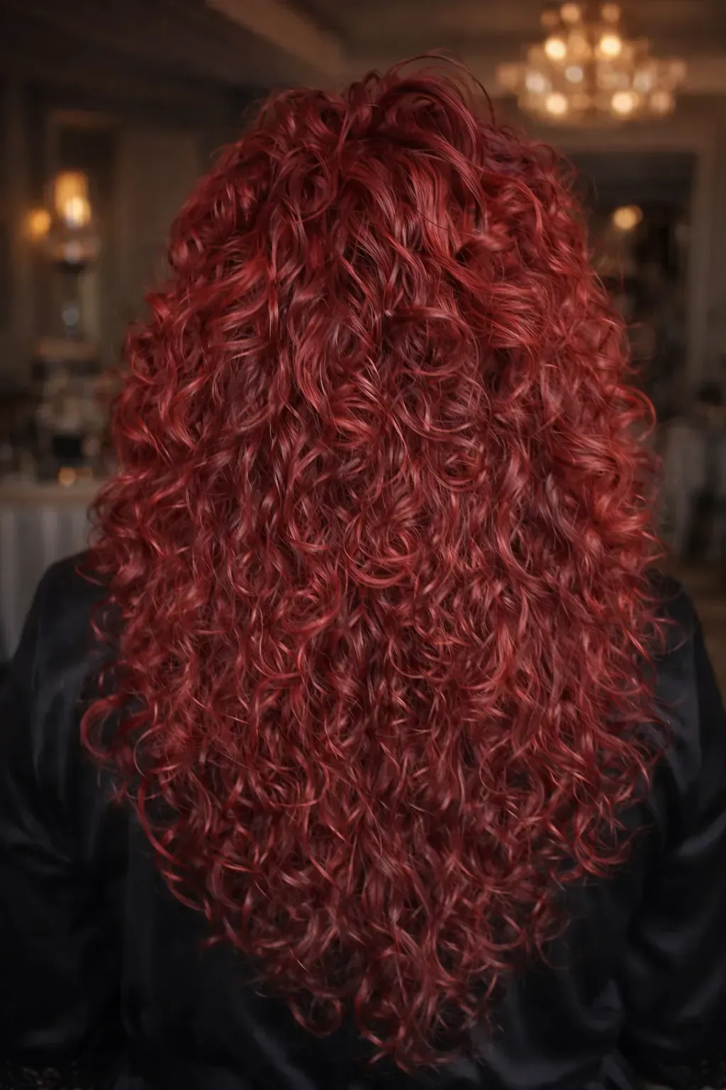 Extensiones en cabello rojizo largo rizado con fondo elegante oscuro.
