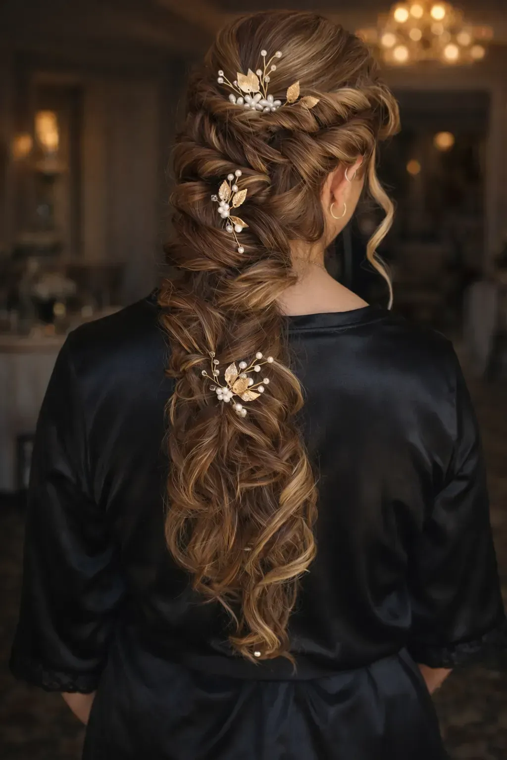 Una mujer de espaldas con el pelo largo, trenzado y castaño, adornado con tres horquillas decorativas .