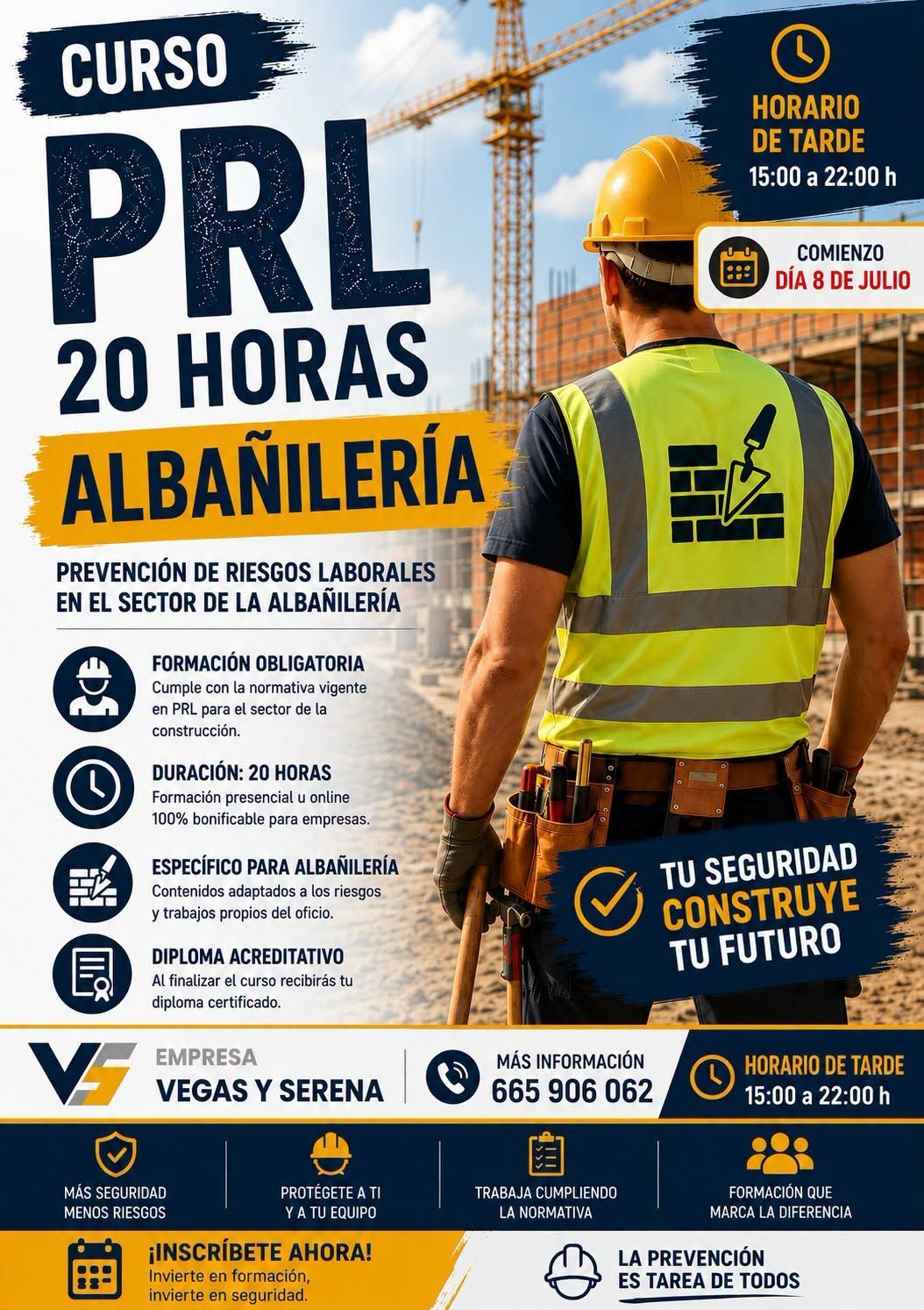 Cartel publicitario del curso PRL de 20 horas en Albacete, que muestra a un trabajador con chaleco amarillo y una torre de construcción al fondo.