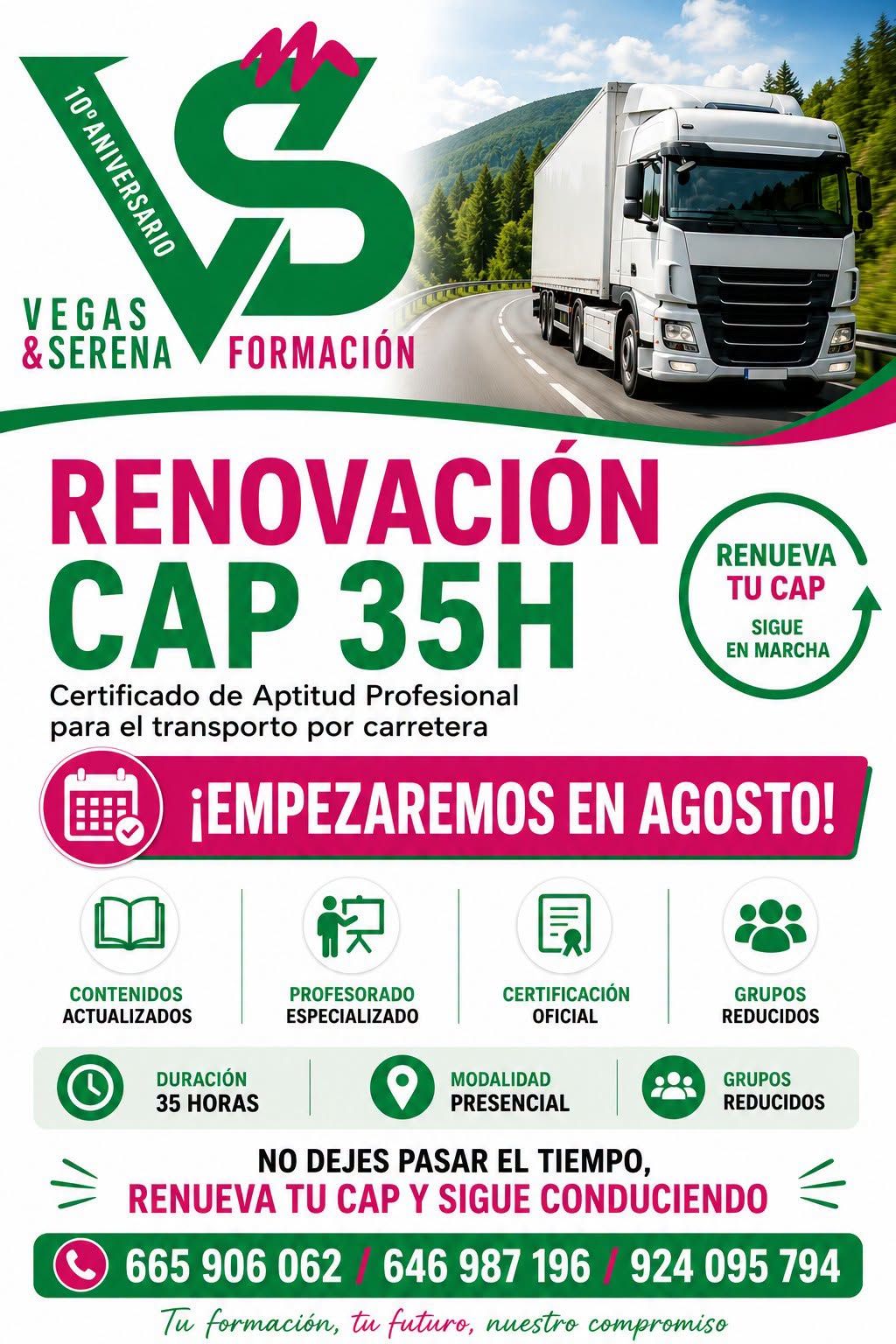 Afiche de “Renovación CAP 35T” con camión, logo y fecha de inicio en agosto.