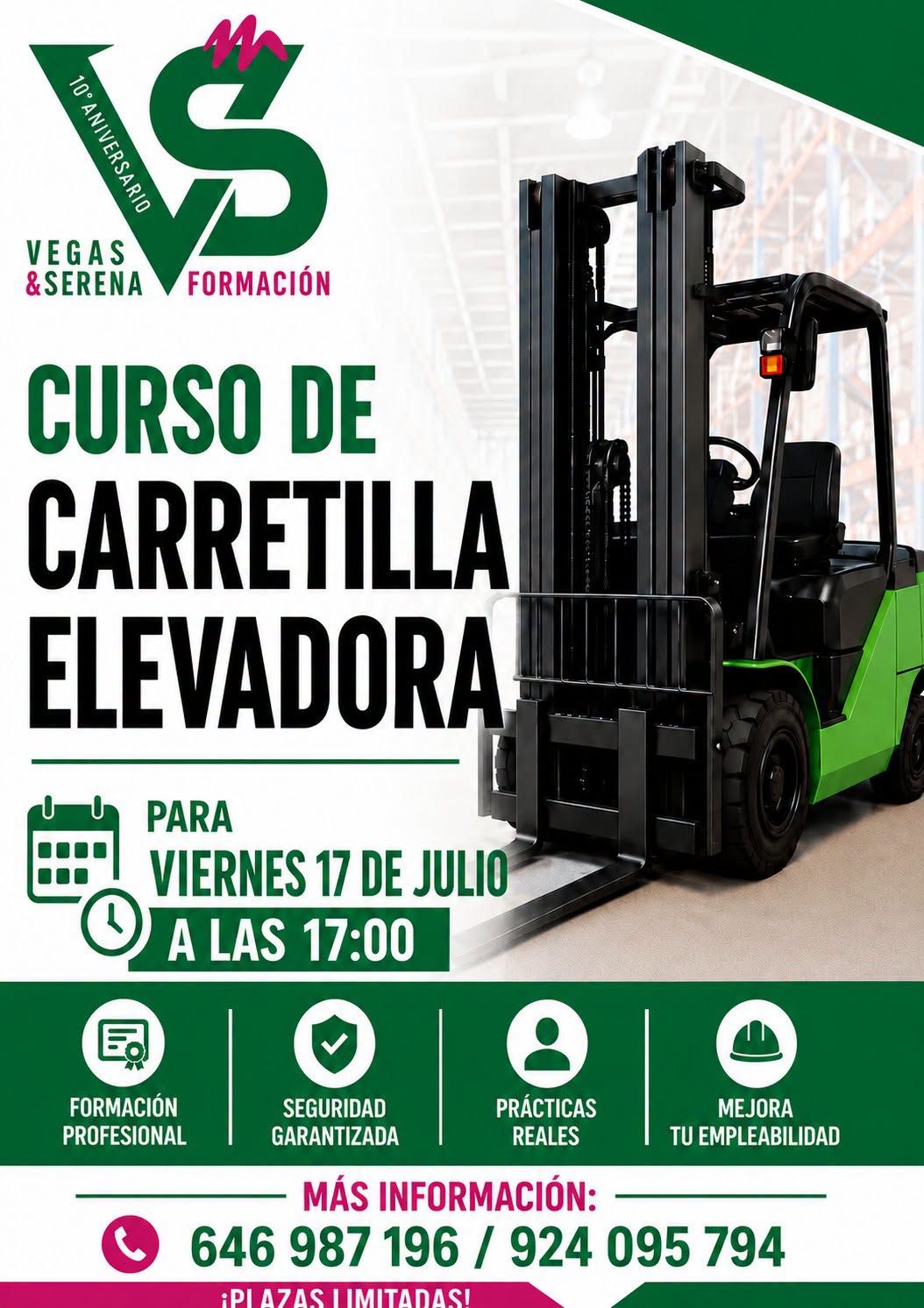 Cartel verde y blanco de curso de carretilla elevadora con imagen de montacargas y fecha 17 de julio a las 17:00