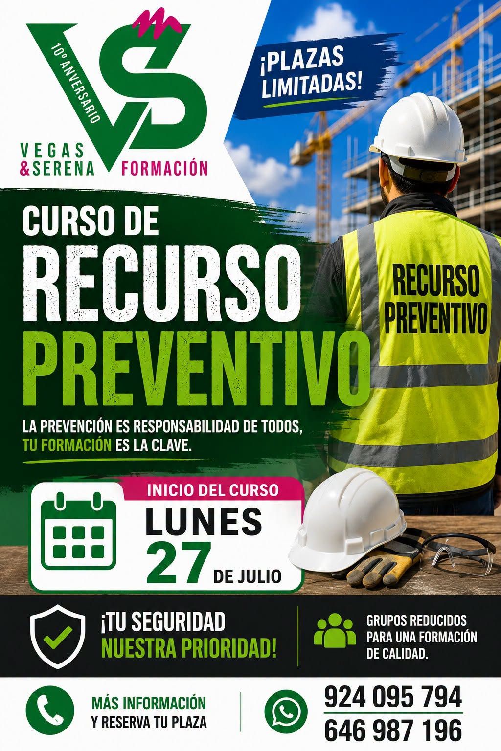 Afiche verde y negro de “Curso de Recurso Preventivo” con fechas, logos y persona con casco y chaleco reflectante.