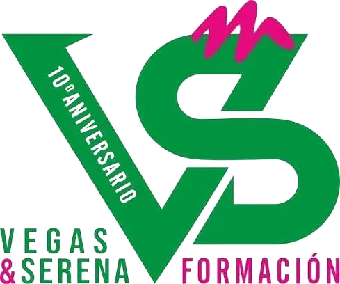 Logo verde y fucsia de Vegas & Serena Formaci&oacute;n, con &ldquo;10 aniversario&rdquo; y una gran &ldquo;VS&rdquo;.